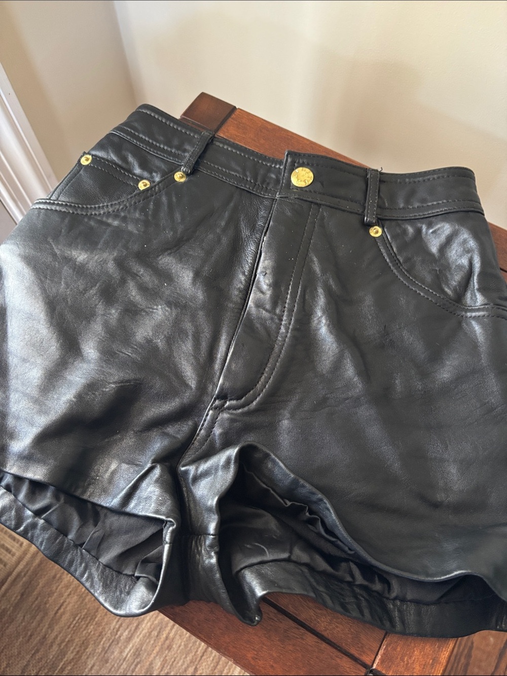 Vintage 1990’s The Limited Black High-Waist Leather Shorts with Gold Hardware